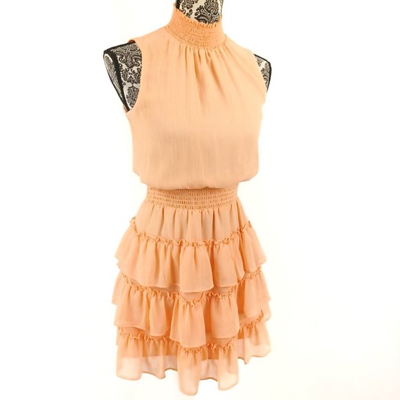 EXPRESS Sleeveless High Neck Ruffle Tier Skirt Chiffon Mini Dress S - Picture 2 of 4